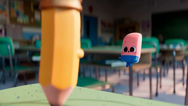 Eraser character jumping off the desk past Spencer the pencil