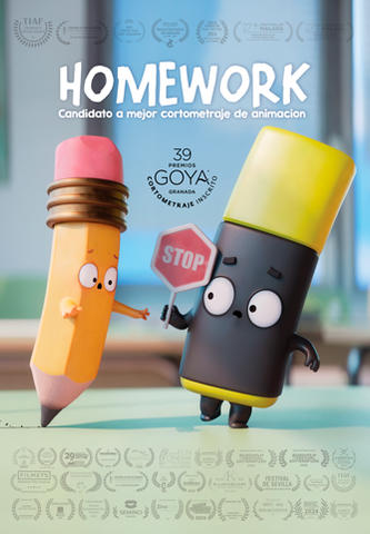 Homework film poster: Spencer the pencil and a marker holding a stop sign, with festival laurels