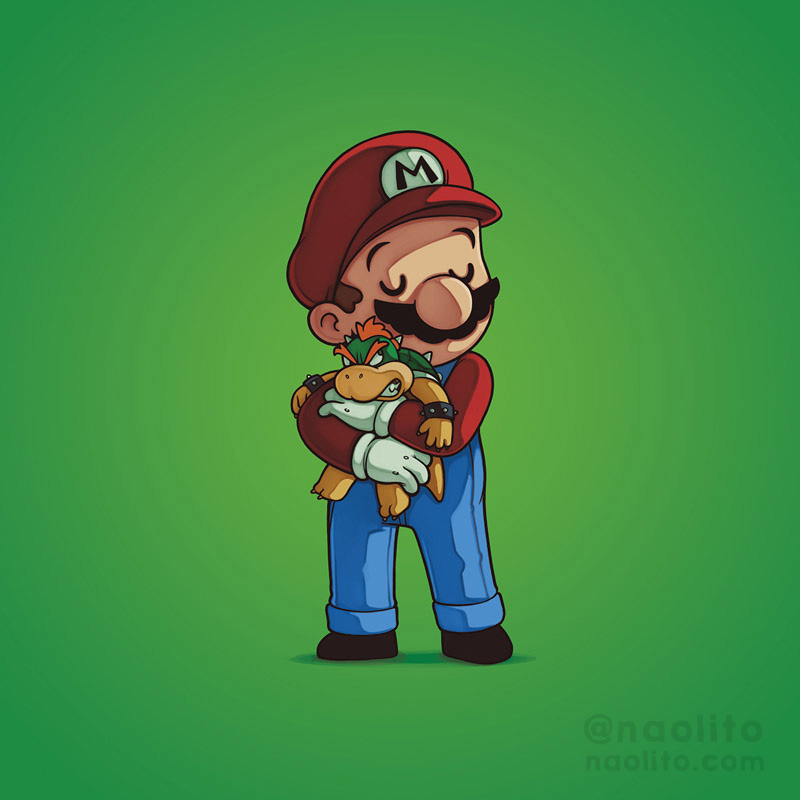 Mario hugging a baby Bowser