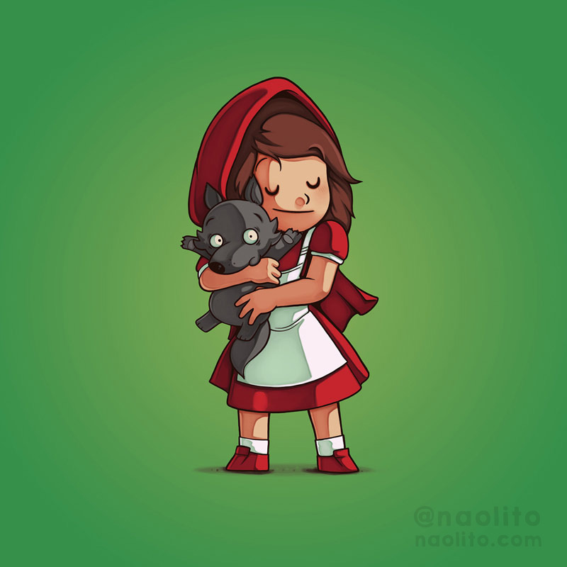 Little Red Riding Hood hugging a wolf cub