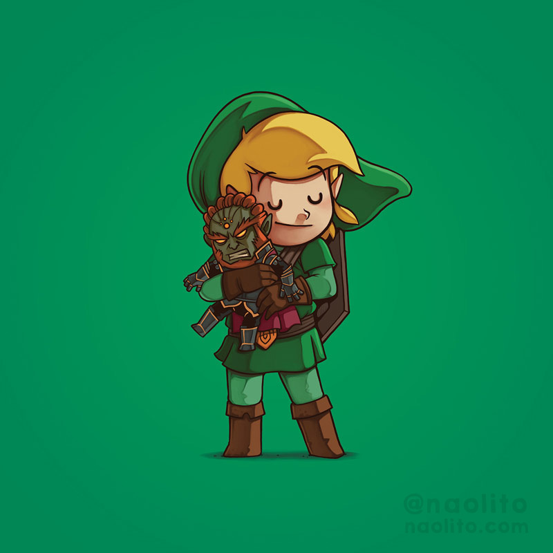 Link hugging a tiny Ganondorf